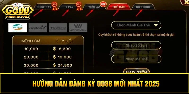 Giao diện nạp tiền Go88 hiển thị nhiều phương thức thanh toán linh hoạt